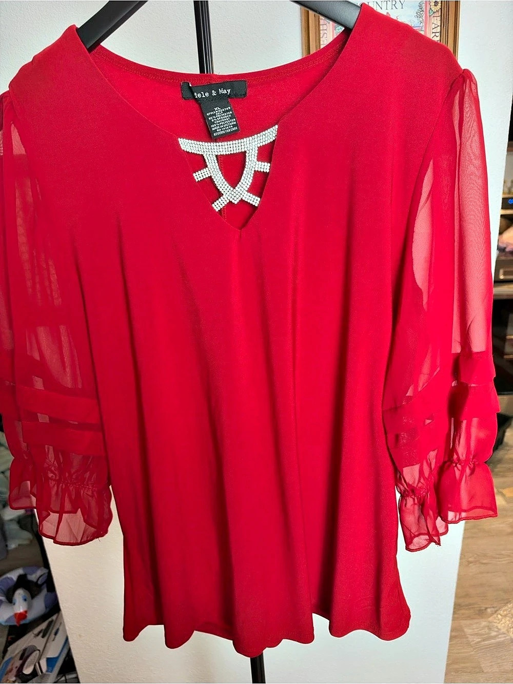 Adele & May Red Sheer Sleeve Blouse Size XL Like New
